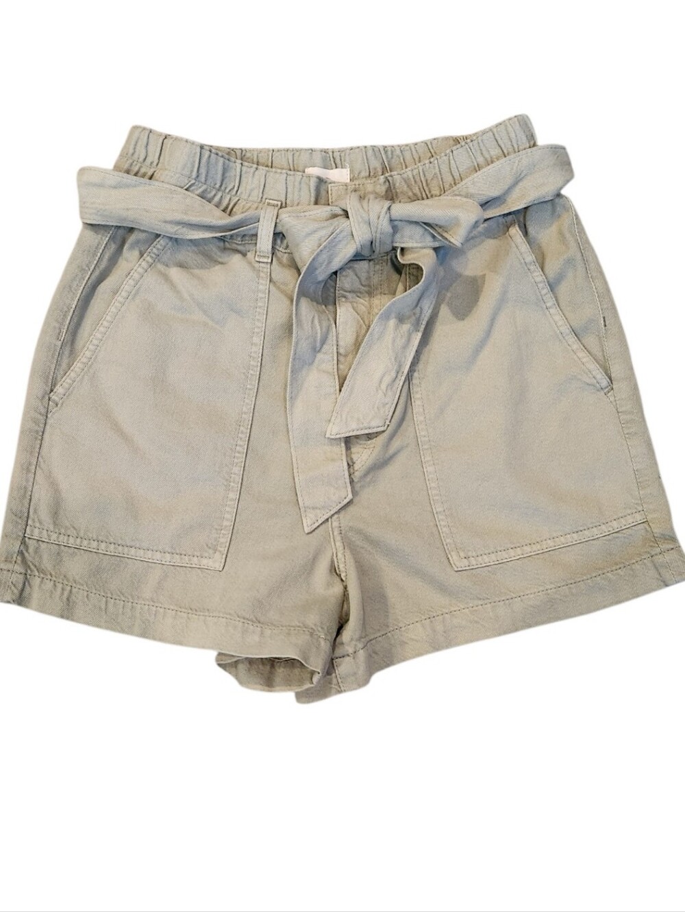 AG Adriano Goldschmied Kai Paperbag Silk Blend Shorts Light Olive Green Size 28R